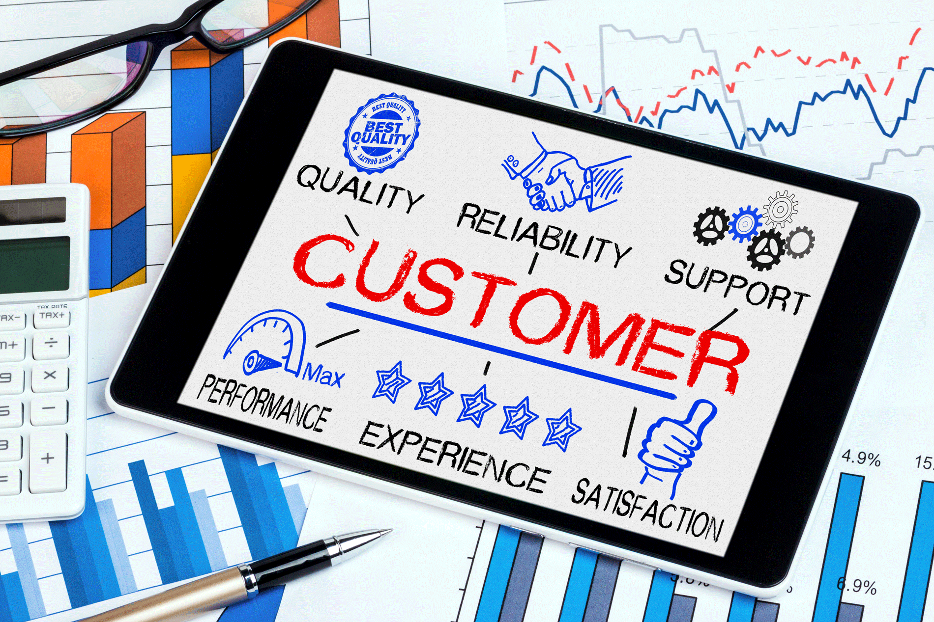 Tablet with words "customer" on it. Concept: CRM system