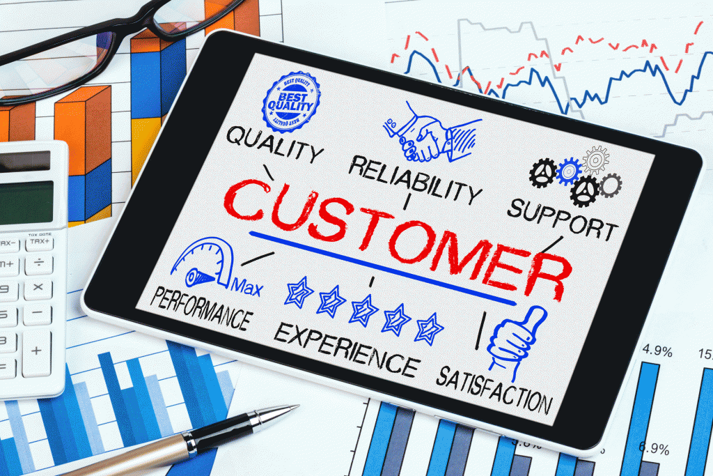 Tablet con palabra "customer". Concepto: sistema CRM
