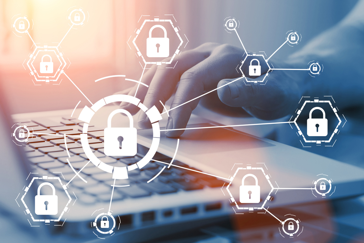 Online internet secure payment and network safe communication and banking concept. Person pay in web via computer. Locks and padlocks on diagram. Concept: password manager
