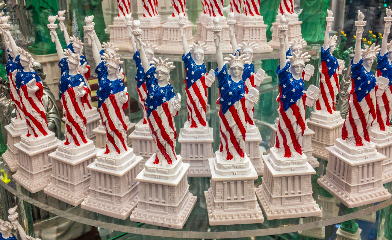Statues of Liberty on the shelf in a gift shop. Concept: Marketing ideas for the 4th of July