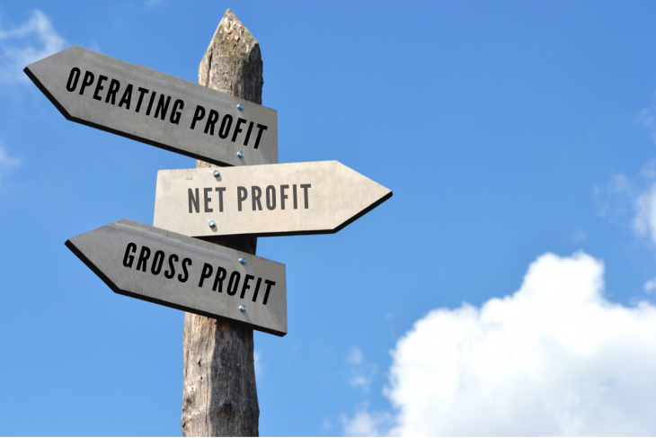 Wooden signpost with 3 arrows, blue sky in background. Concept: gross profit vs net profit vs operating profit