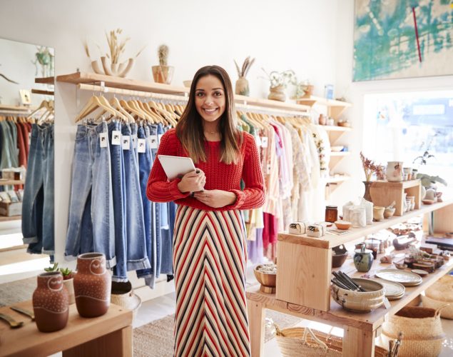 Retrato de una mujer de ne3gocios en su tienda de ropa con tablet. concept: negocio de ropa