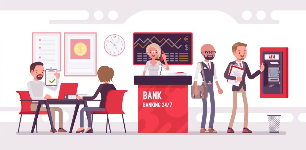 Ilustración de sucursal de banco con clientes. Concepto: Cuenta corriente o cuenta de ahorro.