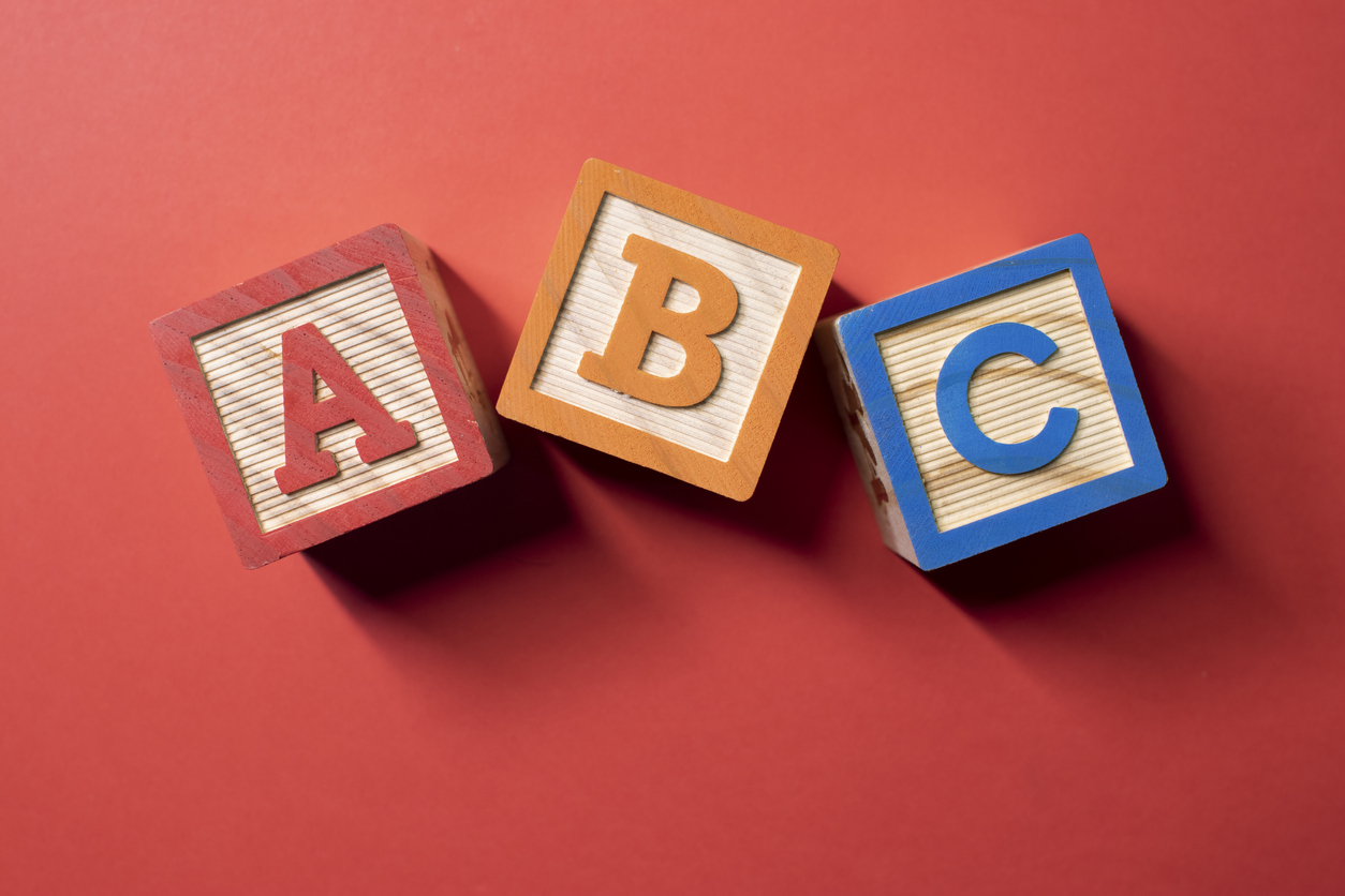 A, B and C wooden blocks. concept: ABC test