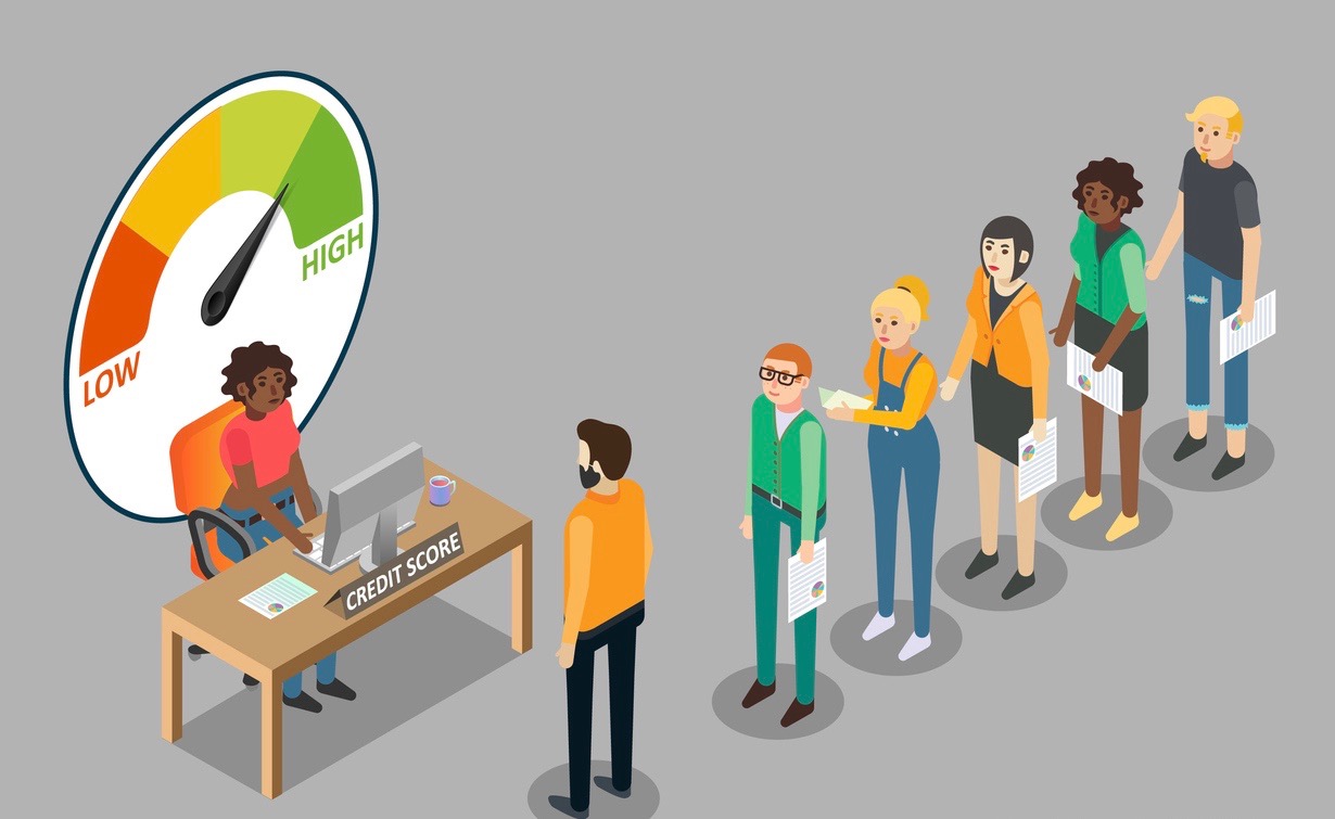 Credit scoring illustration. People waiting in queue for getting personal credit score information. Concept: changes in FICO scores