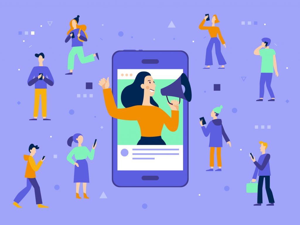 Vector illustration in flat simple style with characters - influencer marketing concept - blogger promotion services and goods for her followers online. concept: marketing to millennials
