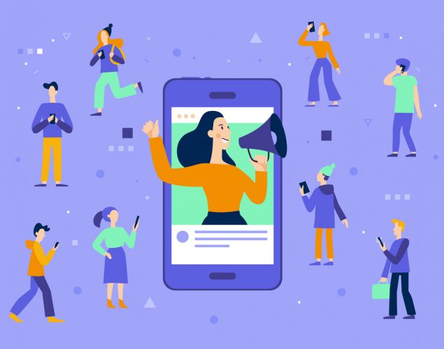 Ilustración de vectores. Influencer y marketing, blogger, servicios en línea. Concept: marketing, millennials