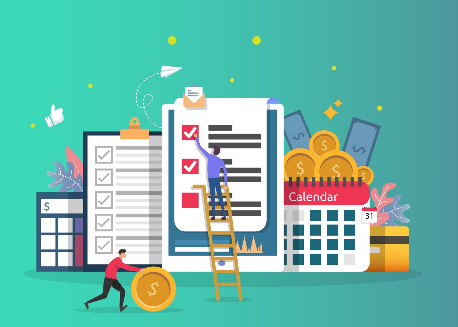 Payroll income concept. salary payment annual bonus. payout with paper, calculator, and people character. web landing page template, banner, presentation, social, and print media. Vector illustration. concept: best payroll software