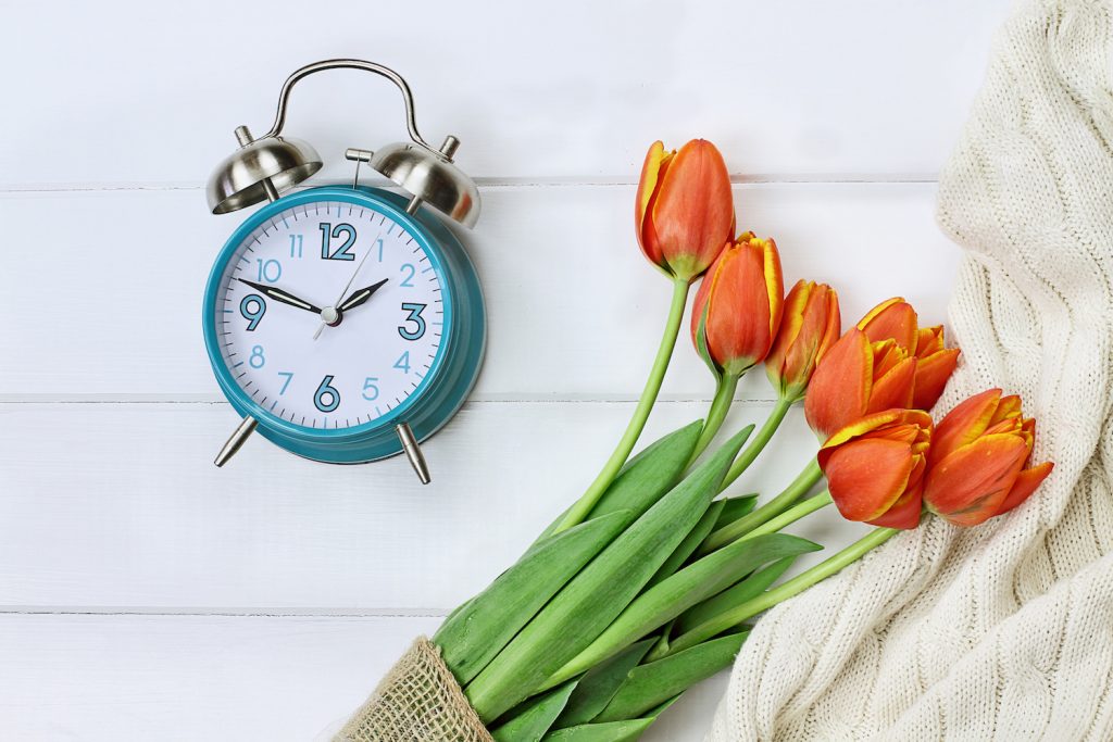 Reloj y ramo de flores. Concepto: cambio de hora.