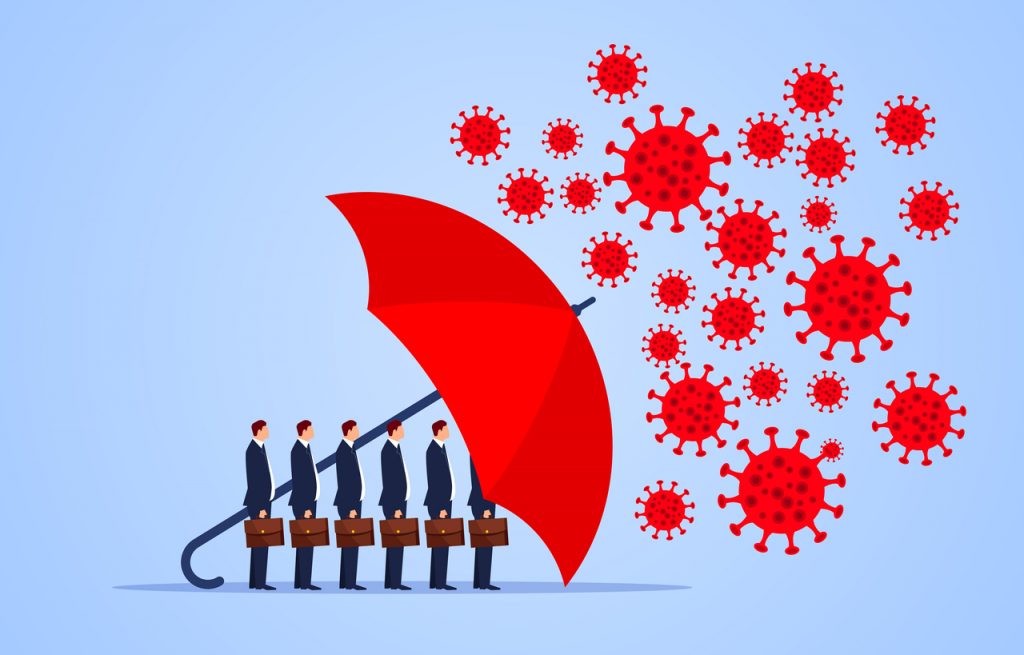 Red umbrella protecting business owners against coronavirus. Concept: how to manage your small business during the coronavirus epidemic
