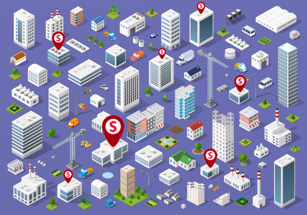 Set of urban 3d buildings of different colors for creativity and design, includes skyscrapers, houses, shops, offices, natural sites, trees, transport, bank localization. Cocnept: Where to Apply for the PPP Loan