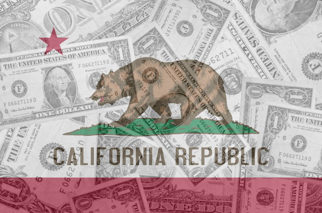 transparent united states of america state flag of california with dollar currency in background symbolizing political, economical and social government. concept: COVID stimulus for undocumented