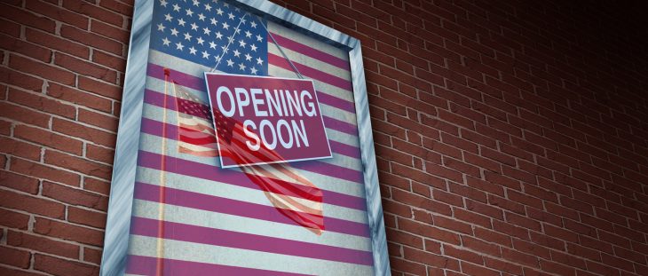 Opening the US economy and reopen United States and American economic activity and back to work after the business lockdown as a store window and reopening markets in a 3D illustration style.
