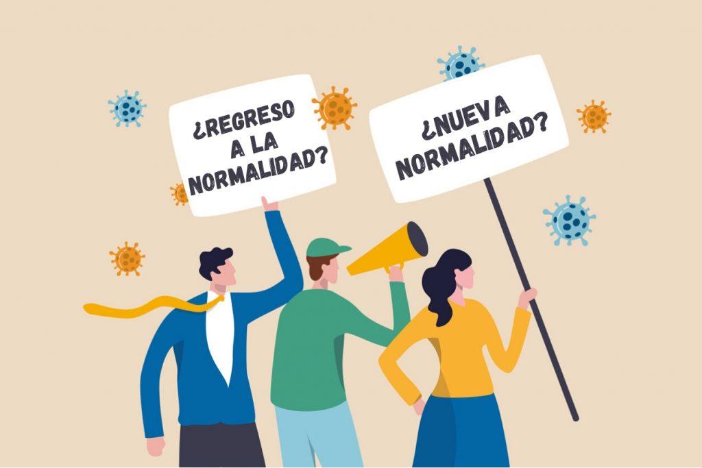 Personas con letreros sobre el coronavirus, COVID-19, la nueva normalidad
