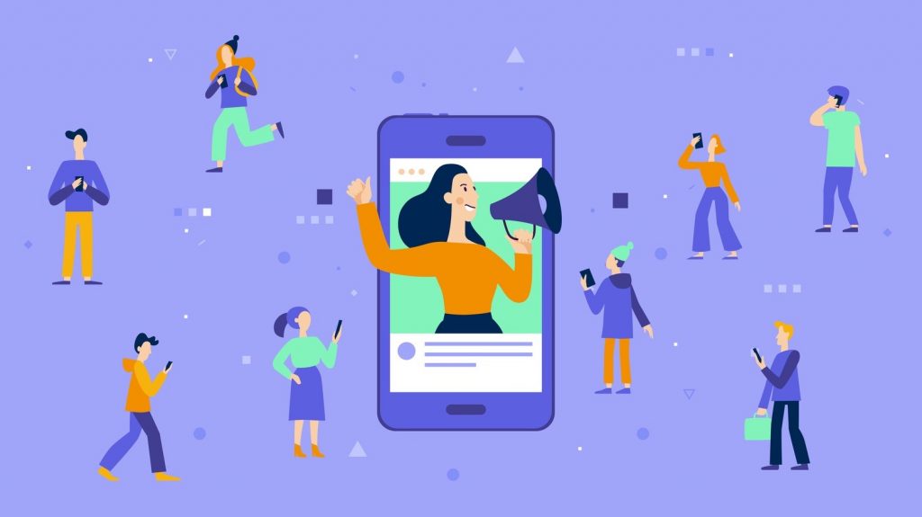 Vector illustration in flat simple style with characters - influencer marketing concept - blogger promotion services and goods for her followers online. concept: newsletter
