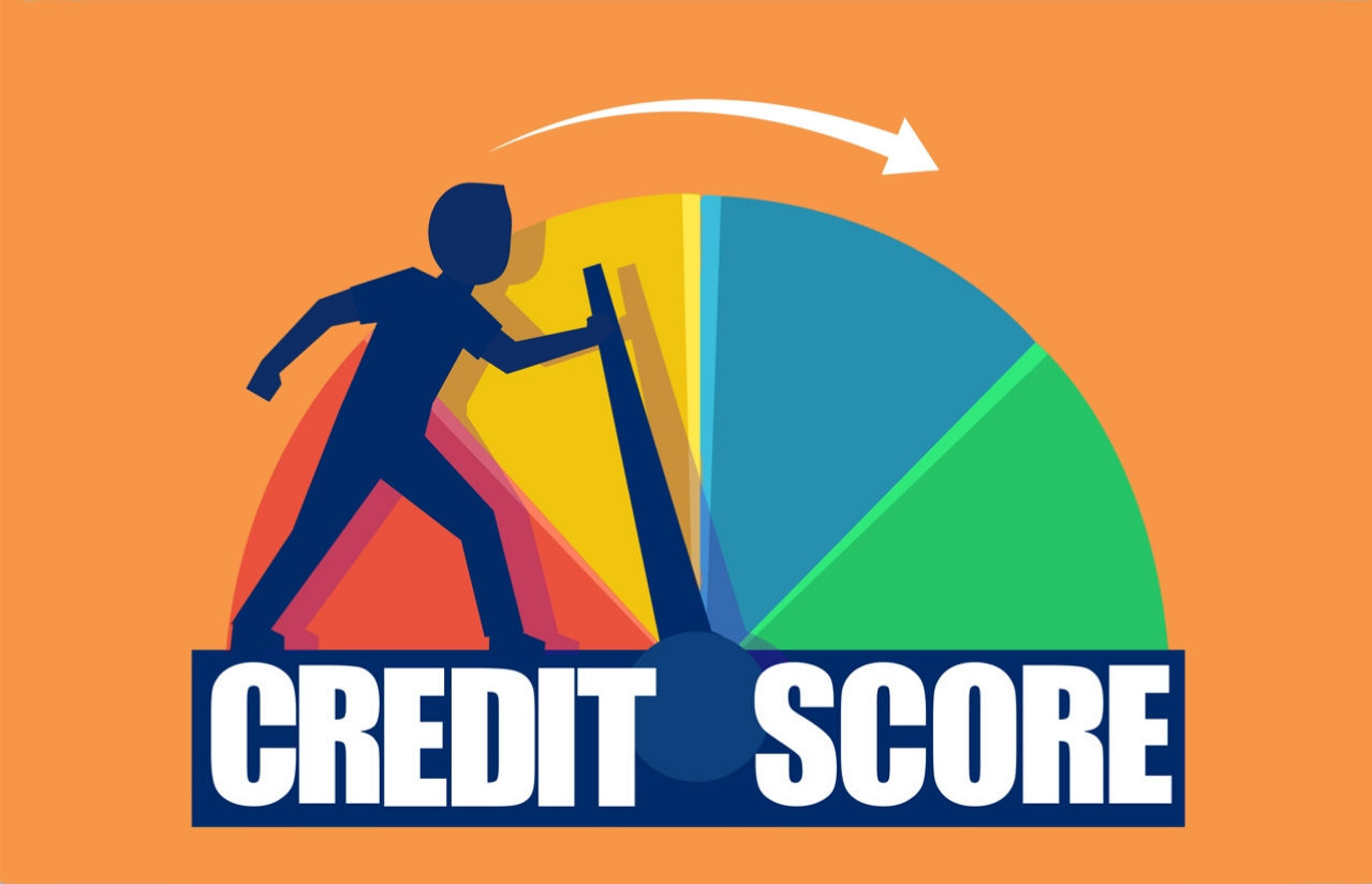 Credit score concept. Vector of a businessman pushing scale changing credit information from poor to good. concept: how to improve your credit score