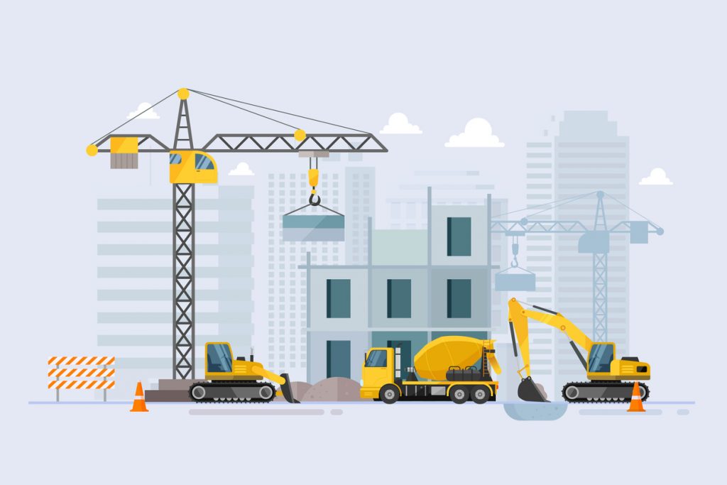 Edificio en construcción con maquinaria. Vector, ilustración. concept: préstamo comercial de construcción