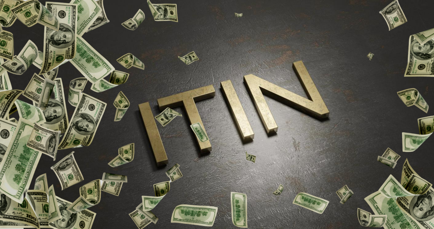 3d rendering gold - ITIN - written on textured rustic black metal positioned in a diagonal line. American money. Money falling. concept: ITIN loans