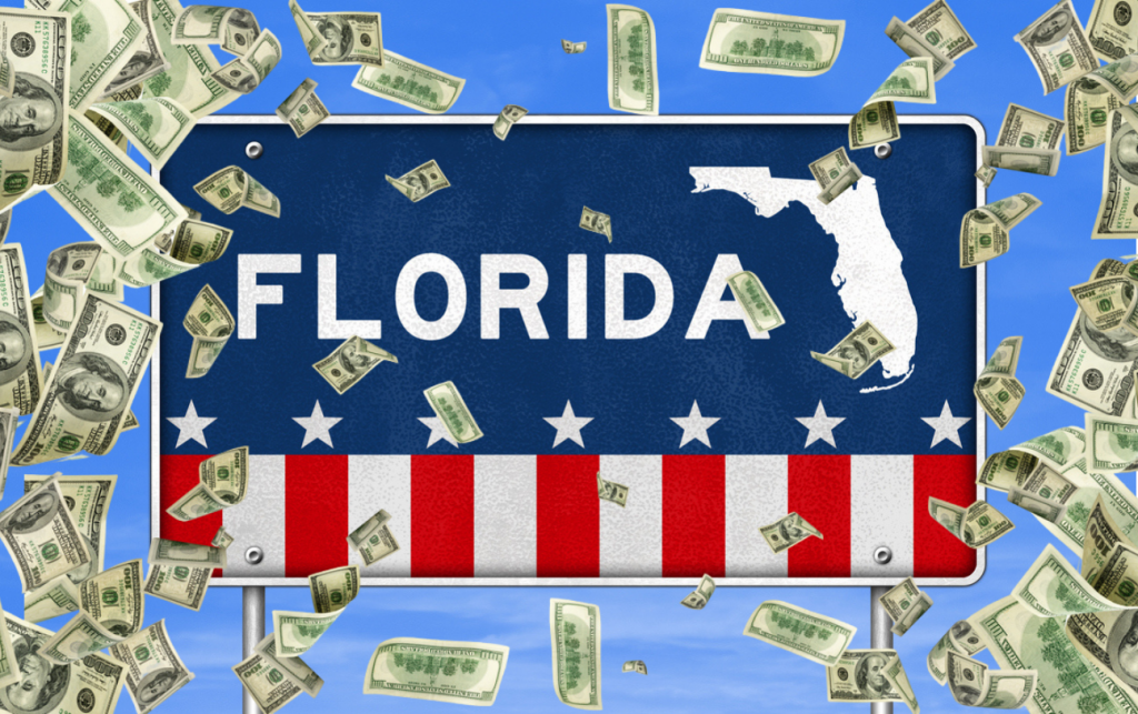 Florida, letrero con dinero cayendo. concept: Préstamos para negocios en Florida