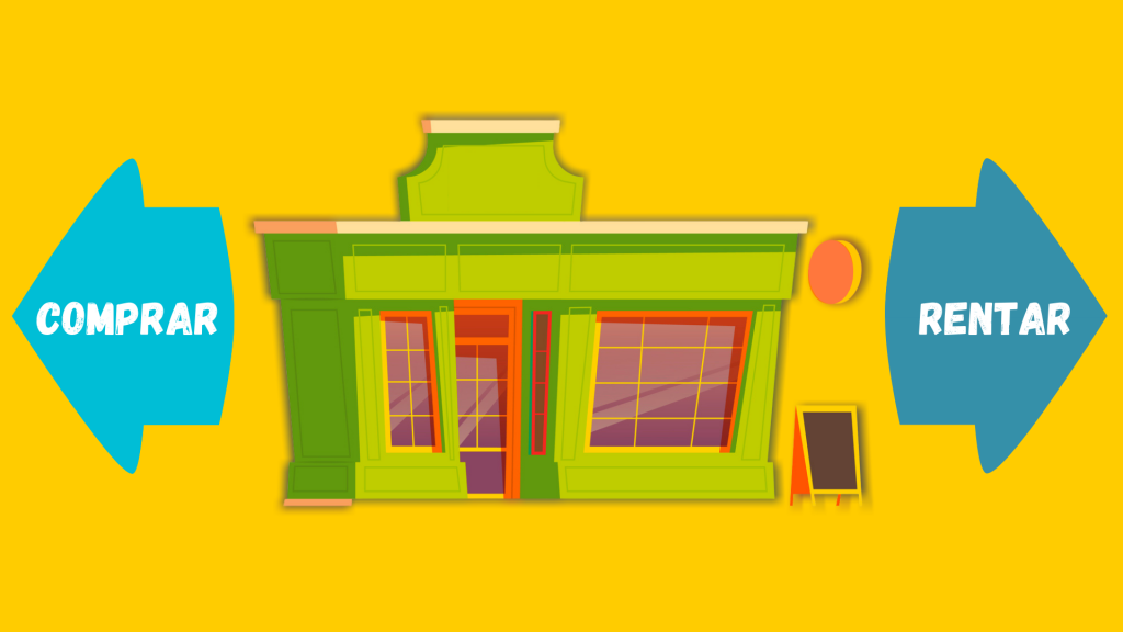 Restaurante, tienda, caricatura, vector, ilustracion. concepto: comprar o rentar