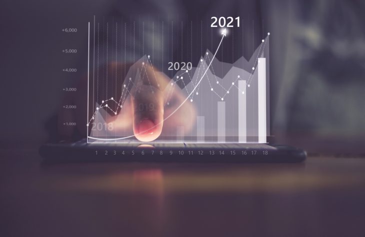 Augmented reality (AR) financial charts showing growing revenue In 2021 floating above digital screen smart phone, businesswoman having meeting about strategy for growth and success. concept: business trends